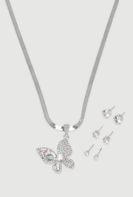 Womens Cubic Zirconia Butterfly Necklace and Stud Earrings, Silver