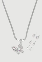 Womens Cubic Zirconia Butterfly Necklace and Stud Earrings, Silver