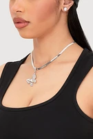 Womens Cubic Zirconia Butterfly Necklace and Stud Earrings, Silver