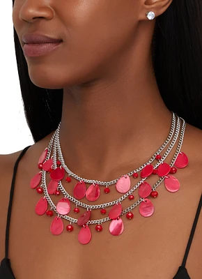 Womens Teardrop Shell Layered Necklace and Stud Earrings, Red
