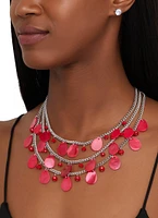 Womens Teardrop Shell Layered Necklace and Stud Earrings, Red