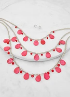 Womens Teardrop Shell Layered Necklace and Stud Earrings, Red