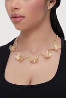 Womens Cubic Zirconia Butterfly Chain Necklace and Stud Earrings, Gold