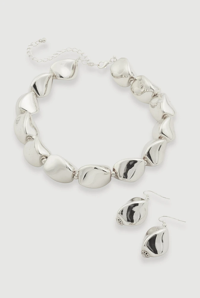 Womens Chunky Bead Necklace with Drop Earrings, Silver