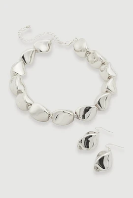Womens Chunky Bead Necklace with Drop Earrings, Silver