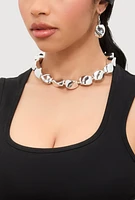 Womens Chunky Bead Necklace with Drop Earrings, Silver