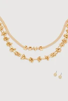 Womens Metallic Love Layered Necklace with Stud Earrings, Gold