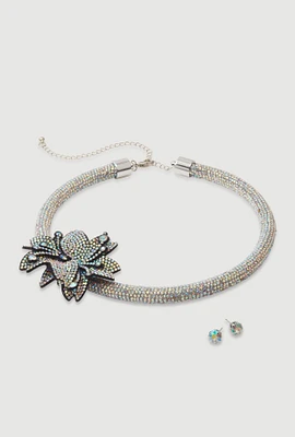 Womens Rhinestone Embellished Flower Choker Necklace and Earrings, Silver