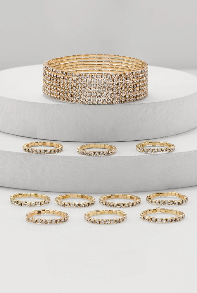 Womens Layered Rhinestone Bracelet and Rings Set, Gold