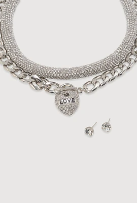 Womens Metallic Love Necklace and Earrings Set, Silver