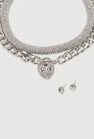 Womens Metallic Love Necklace and Earrings Set, Silver