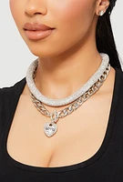 Womens Metallic Love Necklace and Earrings Set, Silver