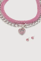 Womens Metallic Love Necklace and Earrings Set, Pink