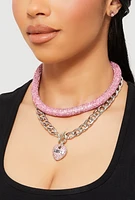 Womens Metallic Love Necklace and Earrings Set, Pink