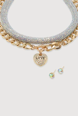 Womens Metallic Love Necklace and Earrings Set, Gold