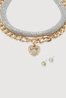 Womens Metallic Love Necklace and Earrings Set, Gold