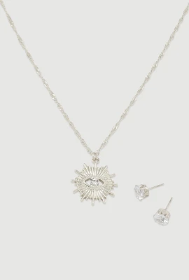 Womens Cubic Zirconia Charm Necklace and Stud Earrings, Silver