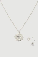 Womens Cubic Zirconia Charm Necklace and Stud Earrings, Silver