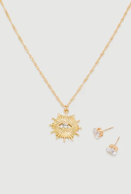 Womens Cubic Zirconia Charm Necklace and Stud Earrings,