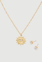 Womens Cubic Zirconia Charm Necklace and Stud Earrings,