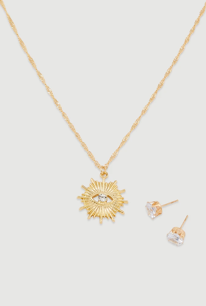 Womens Cubic Zirconia Charm Necklace and Stud Earrings, Gold