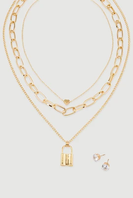 Womens Lock Layered Necklace and Stud Earrings Set, Gold