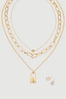 Womens Lock Layered Necklace and Stud Earrings Set, Gold