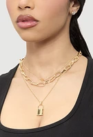 Womens Lock Layered Necklace and Stud Earrings Set, Gold