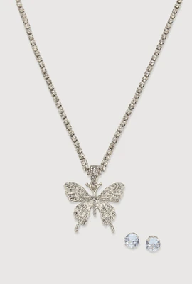 Womens Cubic Zirconia Butterfly Necklace and Stud Earrings, Silver