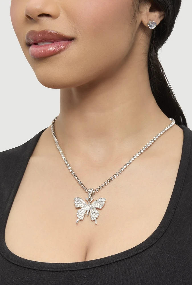 Womens Cubic Zirconia Butterfly Necklace and Stud Earrings, Silver