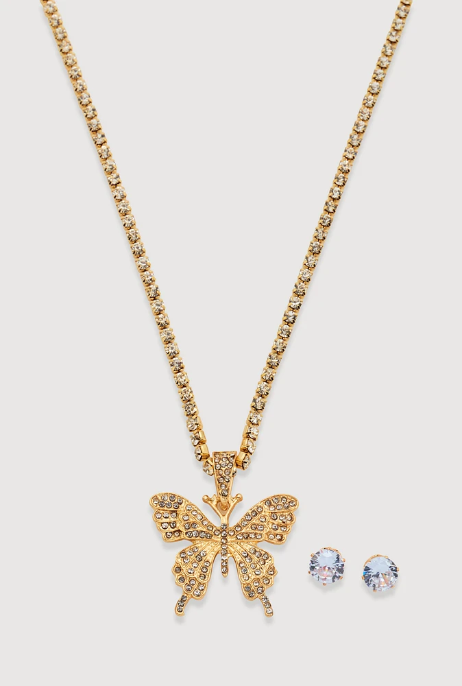 Womens Cubic Zirconia Butterfly Necklace and Stud Earrings