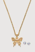 Womens Cubic Zirconia Butterfly Necklace and Stud Earrings