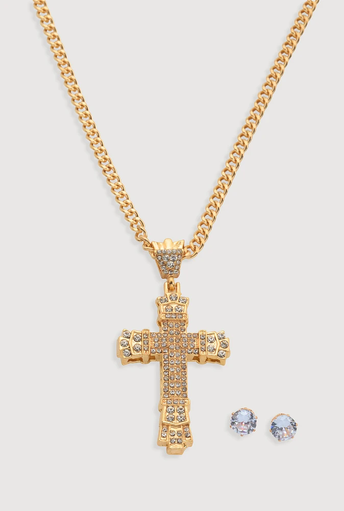 Womens Cubic Zirconia Cross Chain Necklace and Stud Earrings, Gold