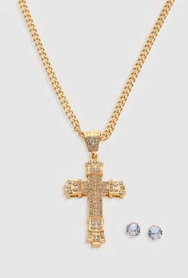 Womens Cubic Zirconia Cross Chain Necklace and Stud Earrings, Gold