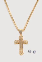 Womens Cubic Zirconia Cross Chain Necklace and Stud Earrings, Gold