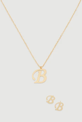 Womens B Initial Necklace and Earrings, Gold