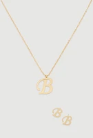 Womens B Initial Necklace and Earrings, Gold