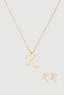 Womens K Initial Necklace and Earrings, Gold