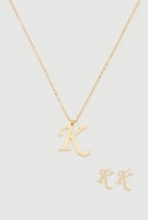 Womens K Initial Necklace and Earrings, Gold