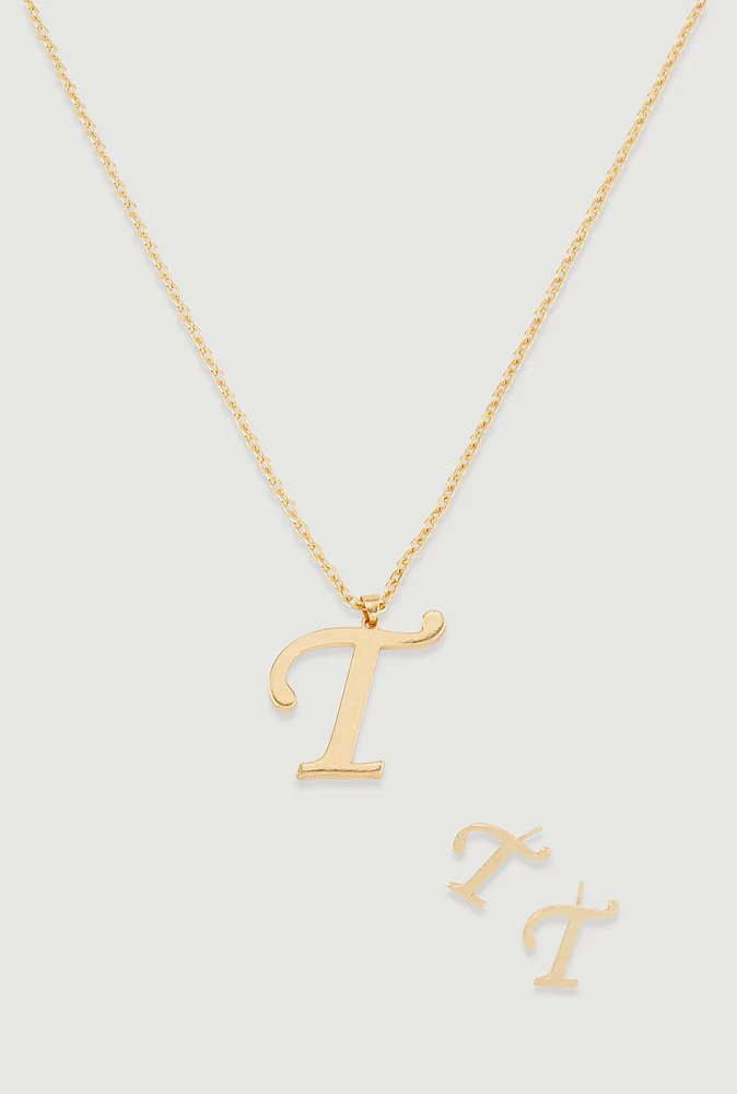 Womens T Initial Necklace and Earrings, Gold