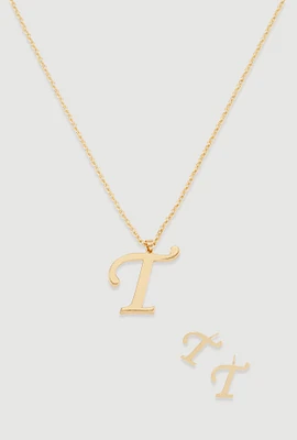 Womens T Initial Necklace and Earrings, Gold