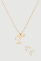 Womens T Initial Necklace and Earrings, Gold