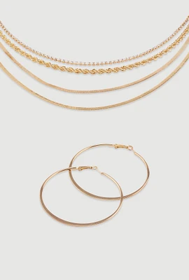 Womens Cubic Zirconia Twisted Layered Necklace with Flat Hoop Earrings, Gold