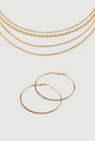Womens Cubic Zirconia Twisted Layered Necklace with Flat Hoop Earrings, Gold