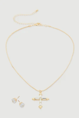 Womens Cubic Zirconia Cross Charm Necklace with Stud Earrings, Gold