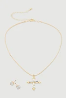 Womens Cubic Zirconia Cross Charm Necklace with Stud Earrings, Gold