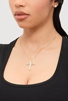 Womens Cubic Zirconia Cross Charm Necklace with Stud Earrings, Gold