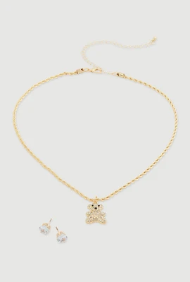 Womens Cubic Zirconia Bear Charm Necklace with Stud Earrings, Gold