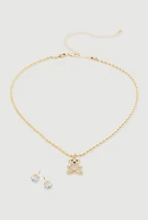Womens Cubic Zirconia Bear Charm Necklace with Stud Earrings, Gold