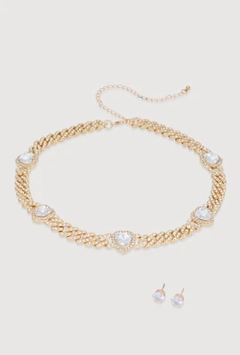 Womens Cubic Zirconia Heart Chain Necklace and Earrings,